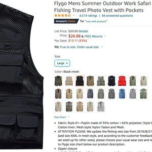 Flygo Men's Safari Fishing/Photo Vest w Pockets
